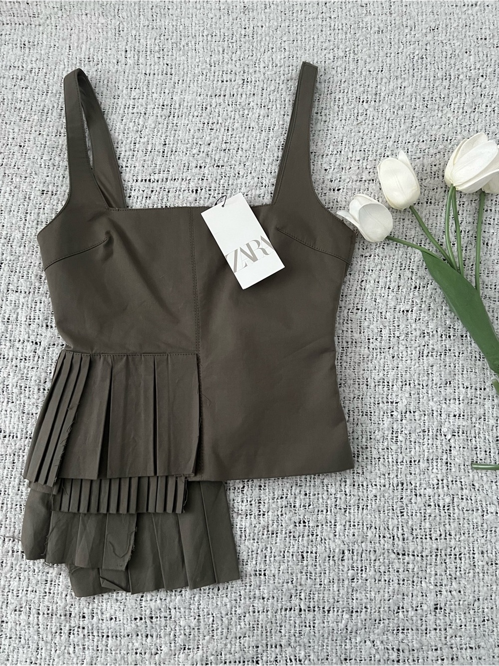 Zara Olive Pleated Asymmetric Camisole